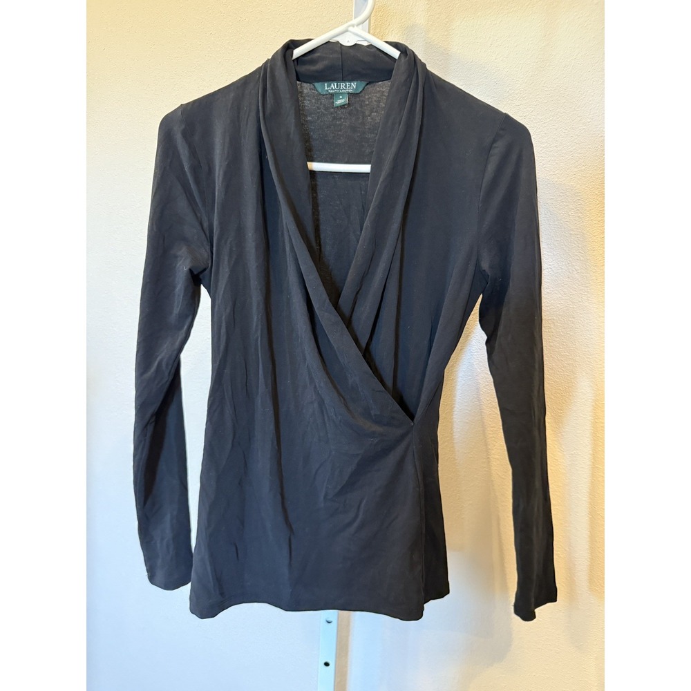 Lauren Ralph Lauren Long Sleeve Faux Wrap Black Blouse Size S